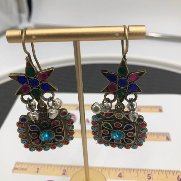 Afghan Oversized Dangle Earrings With Multicolor Glass Stones, Afghan Earrings - Picture 8 of 9